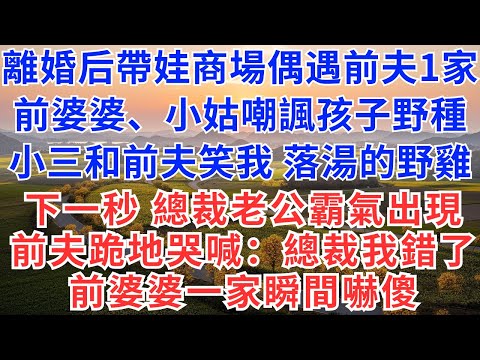 離婚1年，帶娃商場偶遇前夫1家，前婆婆、小姑嘲諷孩子野種，小三和前夫笑我是落湯的野雞，下一秒，總裁老公霸氣出現，前夫跪地，哭喊：總裁我錯了！前婆婆一家瞬間嚇傻！#為人處世#生活經驗#情感故事#戀愛