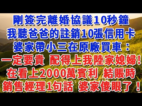 剛簽完離婚協議10秒鐘，我聽爸爸的註銷10張信用卡，婆家帶小三在原廠買車：一定要貴 配得上我陸家媳婦！在看上2000萬賓利 結賬時，銷售經理1句話 婆家傻眼了！#小娟講故事 #情感故事 #老年生活