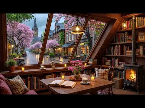 Soft Spring Rain Coffee Shop ☕ Gentle Jazz Piano & Crackling Fireplace for Study & Work