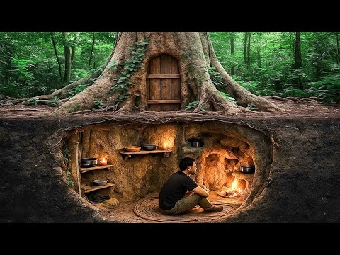Building a Hidden Forest Shelter Inside a Giant Tree | 100 Days Build a Treehouse