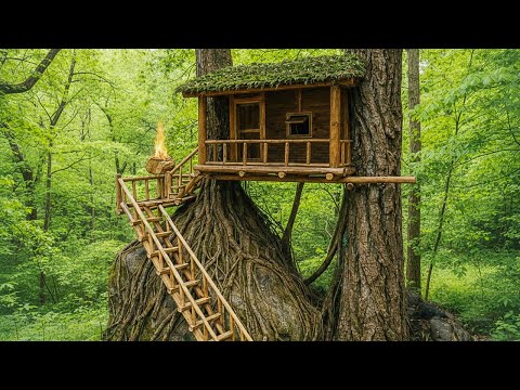 I Built a WARM Bushcraft Cabin on a Giant Tree in 7 Days