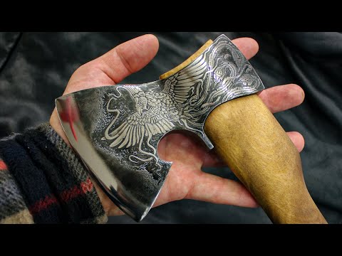 Palm - sized Axe.  Customization in the smallest details.  Phoenix on metal.  Salt etching