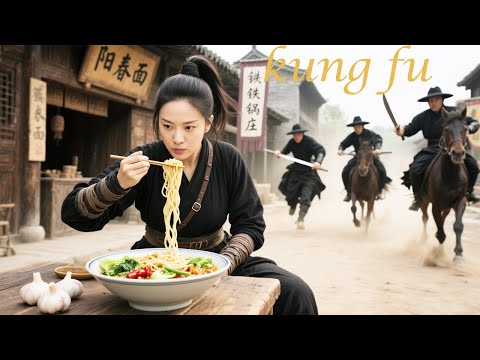 Kung fu movie! A beauty eating noodles by the road is a kung fu master—crushing the local thugs.