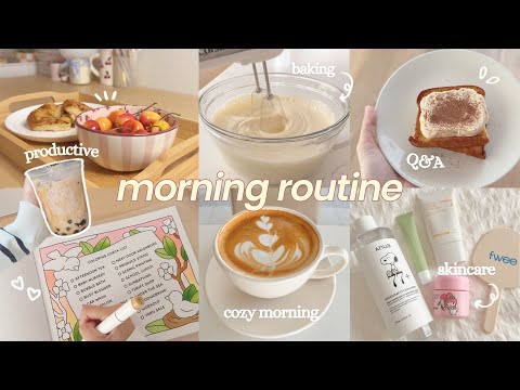 6 AM productive morning routine🌷🫧cozy morning, GRWM, study vlog, baking + Q&A ˚ ༘♡