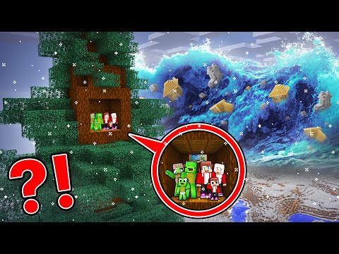 EPIC TSUNAMI vs. Mikey Family & JJ Family SPRUCE TREE Bunker - Minecraft (Maizen)