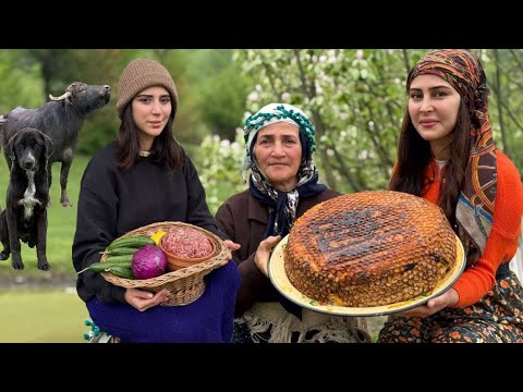 See the women in the village cooking with rice and vegetables!