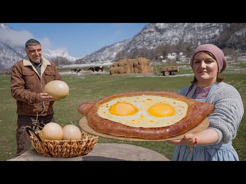 Making A Really Big Georgian Khachapuri with Rare Ostrich Eggs!