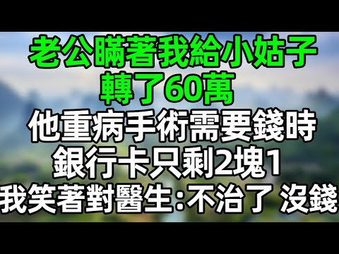老公瞞著我給小姑子轉了60萬，他重病手術需要錢時，銀行卡只剩2塊1！我沒閙 笑著對醫生：不治了，沒錢#夜讀人生 #情感故事  #大橘讲故事 #講故事  #幸福生活 #深夜淺讀 #深夜故事