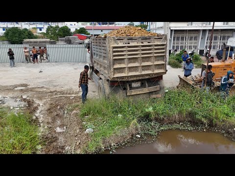 Process fully project !! fill pond 25x50 using NISSAN trucks with KOMATSU dozer