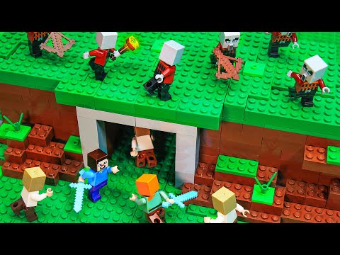 Building Secret Tunnel to Protect Villagers from Pillagers - LEGO Minecraft Animation