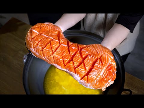 Frying 2300g raw salmon in hot butter