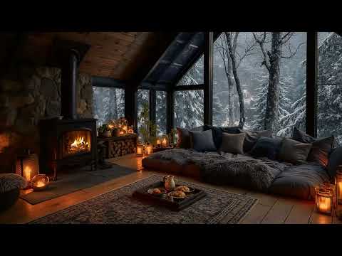 Cozy Winter Cabin Ambience ⛄ Gentle Snowfall, Soft Jazz & Crackling Fireplace for Study and Sleep