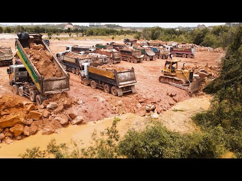 Excellent Move Stone Filling Up Task! Powerful And Skill KOMATSU Bulldozers And Dump Trucks Team