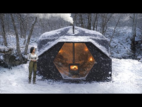 -17℃ ❄️ COZY SNOW CAMPING in LAGE INFLATABLE TENT . CAMPING ASMR