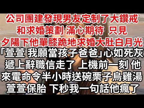 公司團建發現男友定制了大鑽戒和求婚策劃，滿心期待 只見夕陽下他單膝跪地求婚大肚白月光「萱萱 我願當孩子爸爸」心如死灰 遞上辭職信走了，上機前一刻 他來電命令送栗子烏雞湯 萱萱保胎，下秒我一句話他瘋了