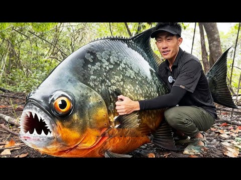 南美洲熱帶雨林生存挑戰全集!在滿是食人魚的河流挑戰光腿下水,一手一隻抓到超多食人魚,晚上木桿釣到鱷魚吃【探索兄弟】