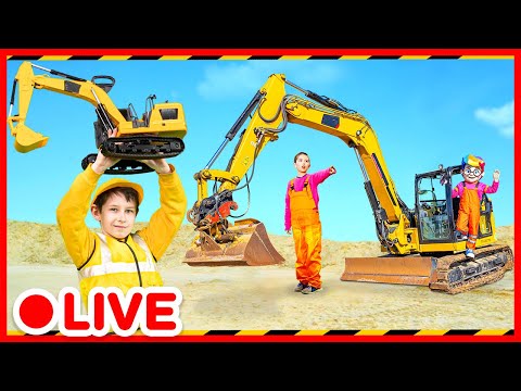 Excavadora, tractor, bulldozer y camiones con policía y bomberos 🚒 Juguetes para niños | Kidibli