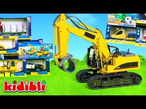 Juguetes camión de cemento y grúa trabajando en la obra 🚧 Vídeo educativo para niños | Kidibli