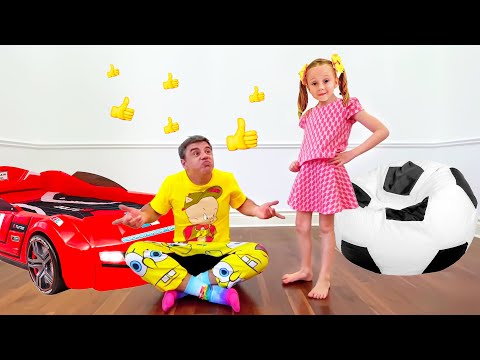 Nastya helps dad decorate the room