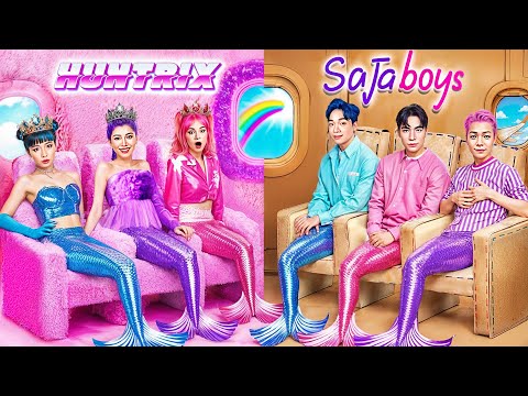 Fluffy Huntrix vs Cardboard Saja Boys! KPop Demon Hunters Mermaid Fashion Show In Airplane!