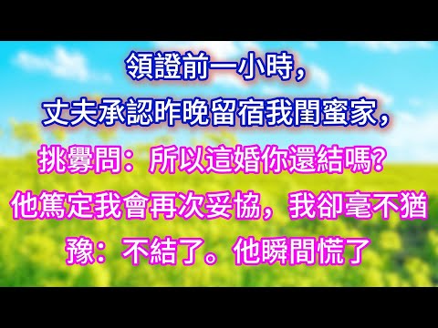 【完结】領證前一小時，丈夫承認昨晚留宿我閨蜜家，挑釁問：所以這婚你還結嗎？他篤定我會再次妥協，我卻毫不猶豫：不結了。他瞬間慌了
