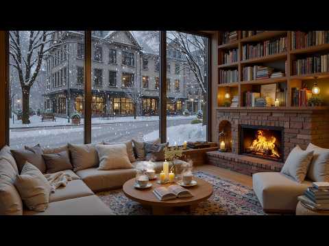 Peaceful Snowy Winter ❄️ Jazz Piano & Cozy Coffee Shop Fireplace Sounds for Study & Work