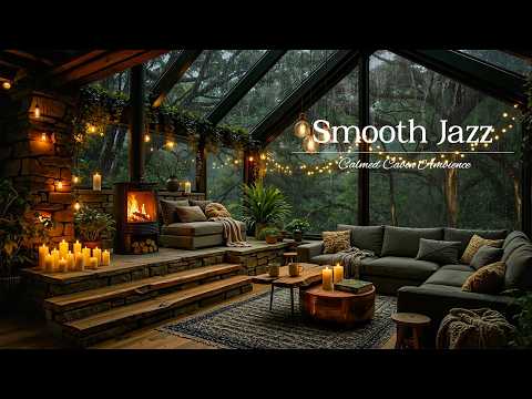 Sitting On The Cozy Forest Cabin Ambience On A Rain Day - Smooth Jazz and Fireplace Sounds For Relax