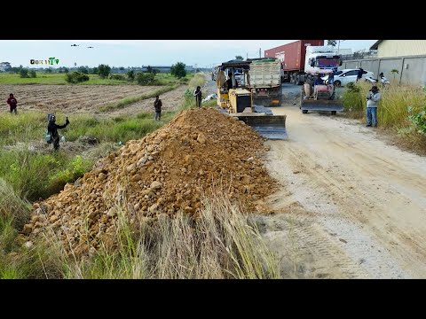 Land Filling Operation Begins! Skillful Bulldozer & Dump Trucks Moving Stone & Soil Smoothly