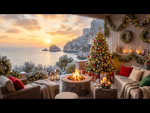 Christmas Porch by the Ocean π Soft Christmas Music with Crackling Fireplace & Ocean Waves for Calm