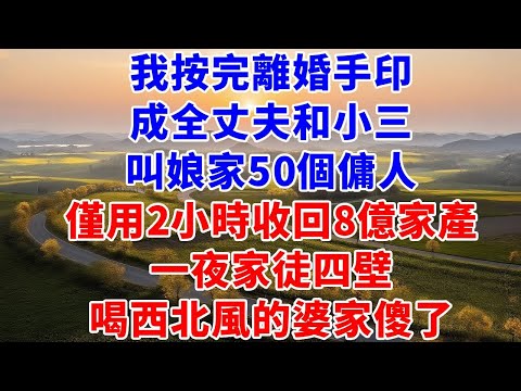 我按完離婚手印，成全丈夫和小三，叫來娘家50個傭人，僅用2小時收回8億家產，一夜家徒四壁，喝西北風睡大街的婆家傻了#養老#退休#慧心家務#朝夕書卷#爽文#婆媳#故事