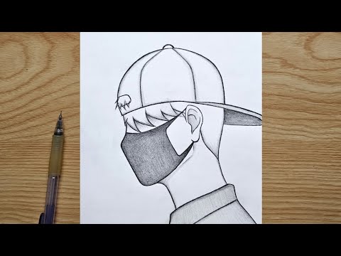 How to draw easy anime | drawing boy wearing a mask and hat step by step | easy anime for beginners