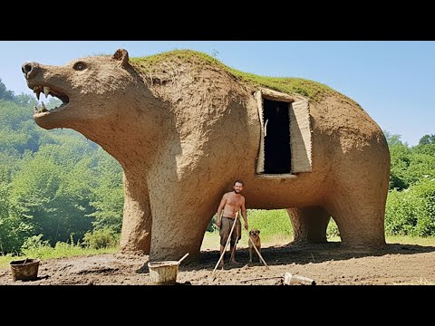 Man Builds BEAR-shaped Survival Shelter in Forest | Start to Finish by @ramizinthewild