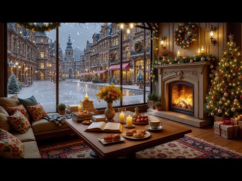 Christmas Winter Jazz ❄️ Cozy Coffee Shop Ambience & Fireplace Sounds for Study & Work