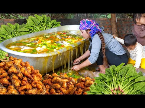 How to Cook Lunch with Nhi and Mom: Harvest Cassava and Giant fish pond to sell at the market