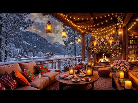 Cozy Winter Porch Ambience by the Lake❄️ Smooth Jazz Music & Crackling Fire on a Snowy Day for Relax