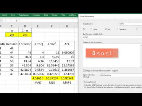 Exponential Smoothing in Excel (Find α) | Use Solver to find smoothing constant alpha