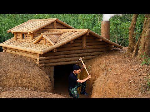 Build a Warm Wooden House Underground for Survival. Secret Bunker, Smoked Fish, Catch and Cook.