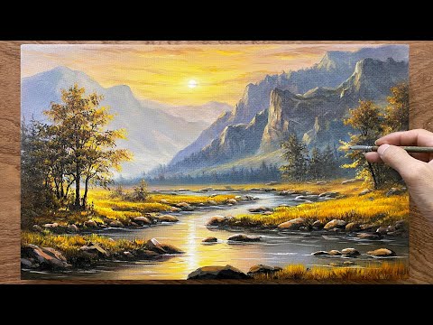 How to draw a mountain sunset landscape / Learn acrylic painting / Art painting.
