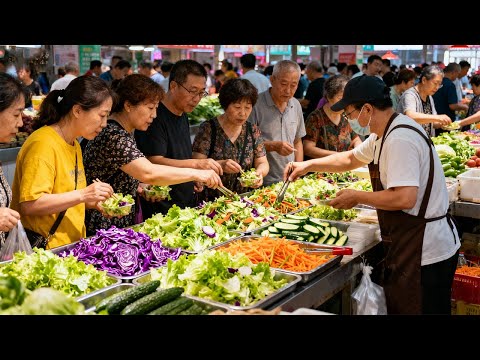 中国石家庄传统美食市场，河北的驴肉火烧与牛肉火烧，广东烧腊，养生蒸蔬菜，特色缸炉锅盔，南京盐水鸭，芝麻酱拌蔬菜，朝鲜延边小吃，蔬菜饼，牛肉锅盔，凉皮，油焖鸭，荷叶饼，杂粮煎饼，肉夹馍，韭菜馅饼等等美食