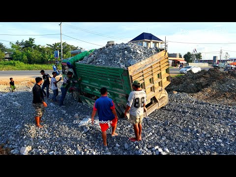Dump Truck Drive Back Unloading Stuck Recovery By Sany Excavator And Bulldozer - Dozer Pushing Rock