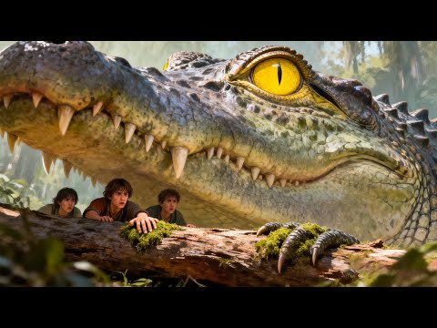 巨鳄疯狂追击人类，此时人类就藏在巨鳄身旁，下一秒被吃！#巨鳄 #惊悚 #怪兽 #灾难 #电影 #movie #电影派对 #奇幻 #鳄鱼