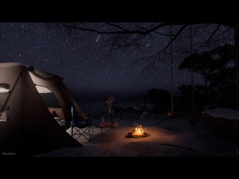 Camping On A Starry Winter Night With Shooting Stars | Crackling Fire, Owls, Wave Sounds