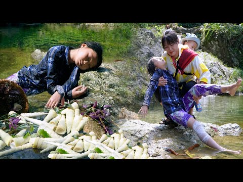 Single girl harvesting bamboo shoots - Rescuing a poor girl injured in the forest | Em Tên Toan