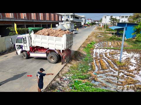 Processing Landfill by NISSAN Truck 5Ton & Excellent KOMATSU Dozer pushing into Flooded area