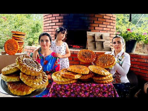 Baking Uzbek bread in a rustic kitchen oven and making eggplant omelette for dinner