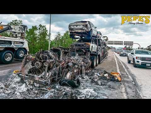 Car Carrier Caught Fire on Freeway!