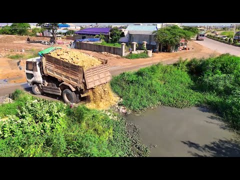 Perfectly Started A New Project! Dump Truck Fillland Delete Canal,Used Skill Dozer D20P Pushing Soil