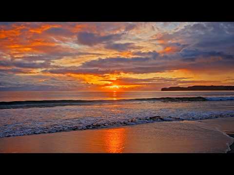 Deep Orange Sunset on a Remote Beach with Rolling Ocean Waves | Relaxing ASMR for Deep Sleep | 3H 4K