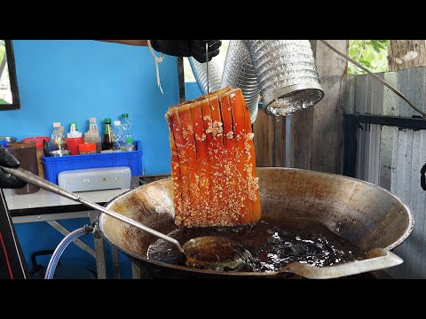 In the forest, thai style crispy pork belly making - thai food