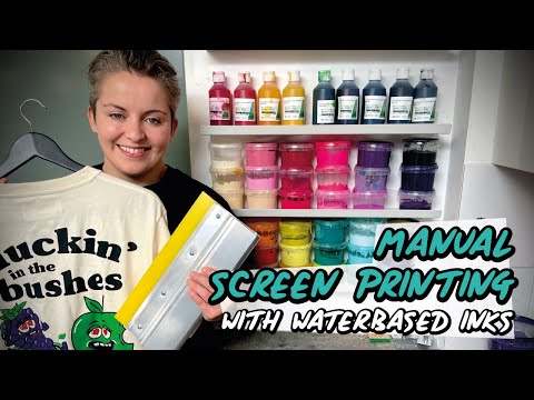 Manual screen printing with waterbased inks - small studio setup.